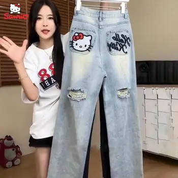 2023 Hello Kitty Рваные джинсы Аниме Мультфильм Sanrio Летние брюки Модные Джинсы с высокой талией Женские Тонкие Широкие джинсы Подарок для девочек