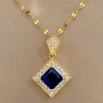 Роскошное женское ожерелье с подвеской из синего кристалла, Маленькое ожерелье золотого цвета Для женщин, Желтое Квадратное ожерелье из горного хрусталя, Ювелирные изделия