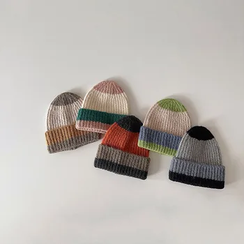 Вязаная шапка 2023 Осень-зима Теплая шерстяная шапочка для детей, мальчиков, Шапочки контрастного цвета, Шапочки и кепки, аксессуары для маленьких девочек