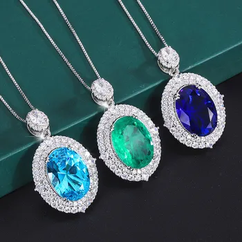Сине-зеленые Эллипсы, ожерелье из кубического циркония для женщин, ювелирные изделия с подвесками, позолоченная ключица с имитацией горного хрусталя