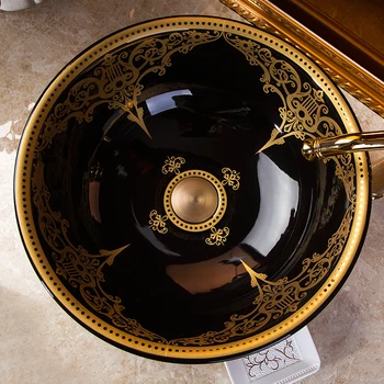 Круглая керамическая сантехника Цзиндэчжэнь, ручная роспись, черный с золотым рисунком, керамический умывальник, раковина для ванной комнаты