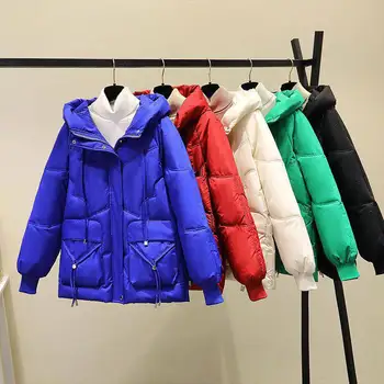 Новая хлопчатобумажная куртка Bright Crystal Down Женская Корейская версия 2023 года Средней длины Свободная Толстая хлопчатобумажная куртка Женская с капюшоном Bread S