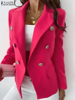 Официальный блейзер ZANZEA, пальто с длинным рукавом, Повседневные однотонные куртки, Элегантная женская мода 2023 года, осенняя двубортная верхняя одежда на пуговицах