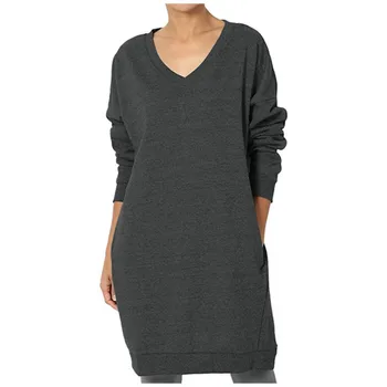 Женский Свободный повседневный однотонный пуловер с V образным вырезом и боковым карманом, длинный свитер, повседневное платье, мини-платье, повседневное