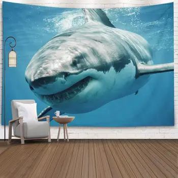Музеш Арт-гобелен, висящий на стене, гобелен для декора гостиной, общежития, Гобелен с большой белой акулой, близко улыбающийся, плавающий
