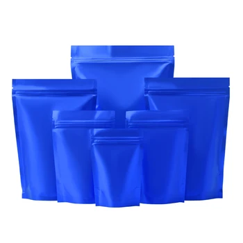 100 шт./лот, Матовая синяя алюминиевая фольга, сумка-подставка, застежка-молния, защелка, разрывная насечка, закрываемые пакеты для хранения пищевых закусок, чая
