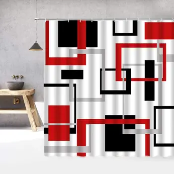 Абстрактная Геометрическая Черно-белая Красная занавеска для душа 3D Квадратный блок Элегантная рамка Современный декор Ткань для ванной комнаты с крючком Серый