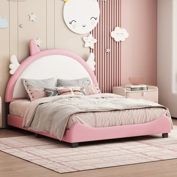 Дизайн в форме единорога, полноразмерная кровать с розовой обивкой, полноразмерная кровать-платформа с изголовьем и изножьем, белый + розовый
