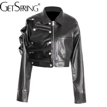 Женское кожаное пальто GetSpring 2023, Осенняя куртка с нерегулярным удалением, Мотоциклетное пальто, Модные Короткие черные куртки из искусственной кожи, Новое поступление