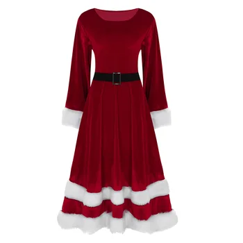 Женский костюм Миссис Санта Клаус, Рождественский косплей, необычное праздничное платье из мягкого бархата с круглым вырезом и длинными рукавами, рождественский наряд для взрослых